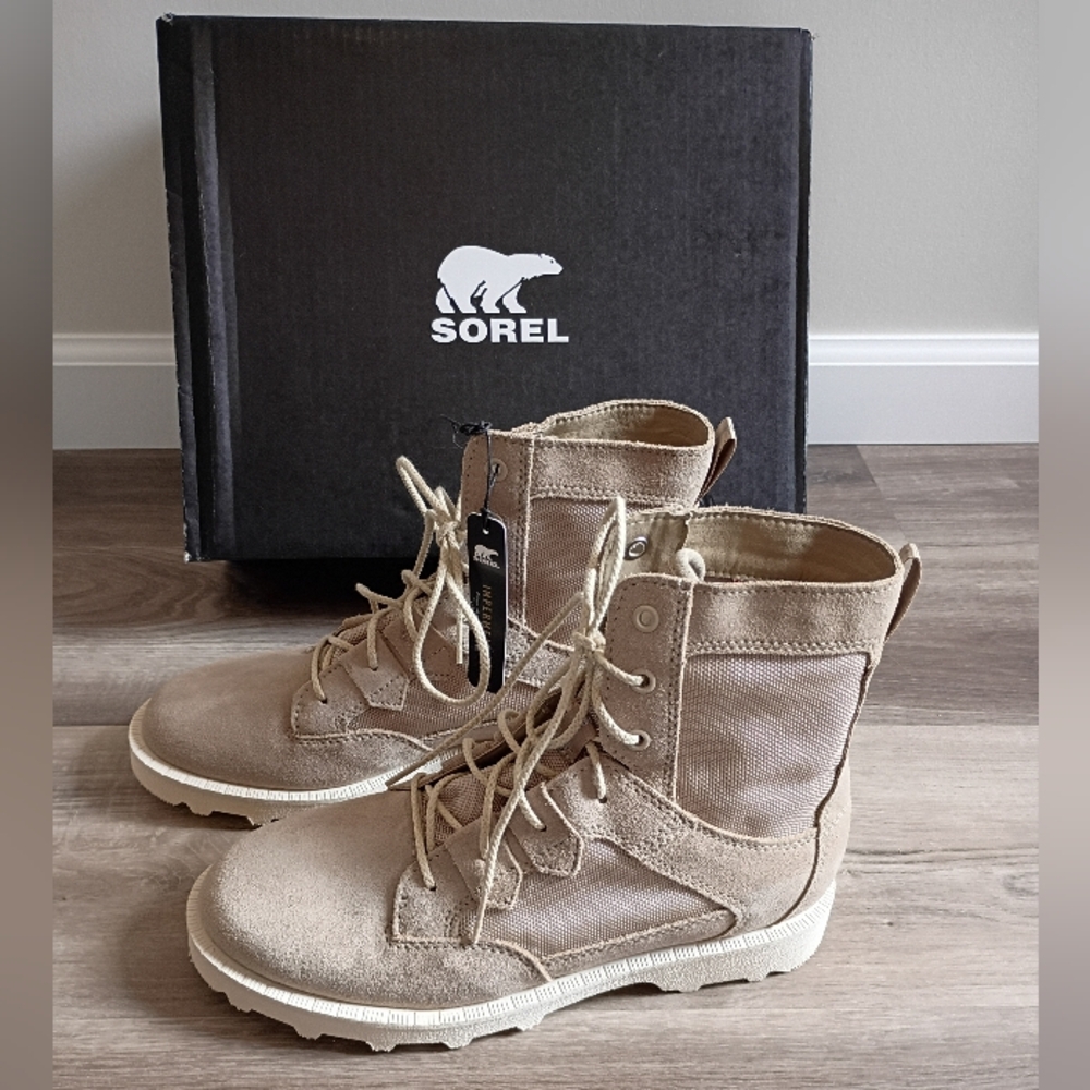 NIB Sorel‎ Womens Caribou OTM WP Ancient Fossil Chalk Suede Canvas Lace-Up Boots